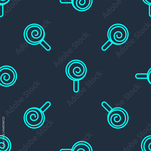 Green line Lollipop icon isolated seamless pattern on blue background. Candy sign. Food  delicious symbol. Vector