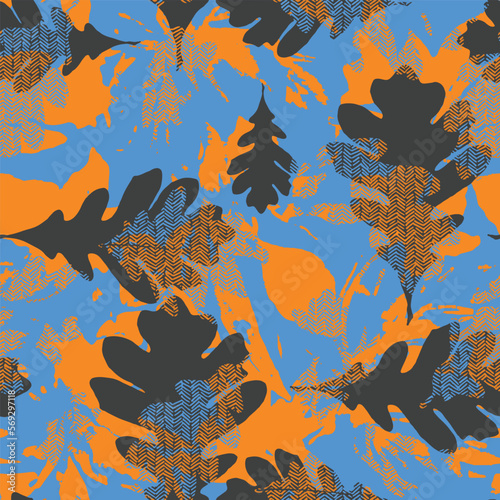 Abstract oak leaf contemporary seamless pattern with hand drawn shapes, spots, dots and lines with textures. Vibrant boho print. Modern collage vector illustration