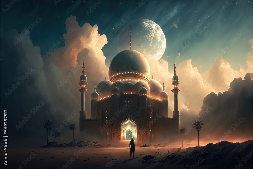 islamic background , ramadan mosque in the desert , ai generated 素材庫插圖