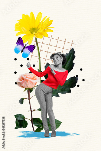 Vertical collage photo picture of happy joyful girl celebrate holiday have fun big garden flowers isolated on painted background