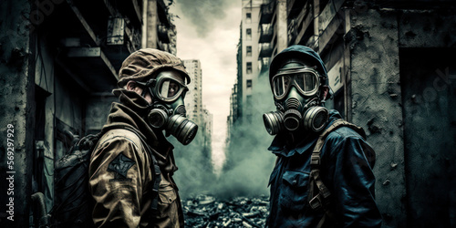 dos militares uniformados con mascara de gas en una zona en guerra catastrofica, generative ai