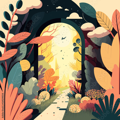 A Doorway into Nature. Editable Artsy Wallpaper Vector Illustration