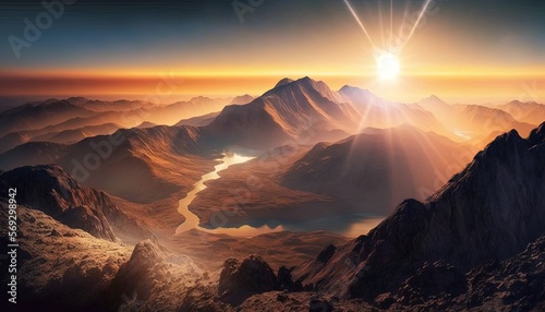  a computer generated image of a mountain range with a river running through the center of the mountain range and the sun rising over the mountains.  generative ai