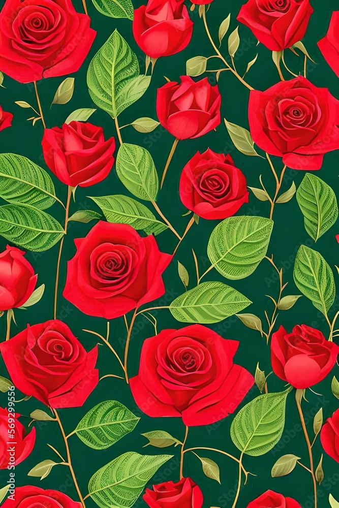 Beautiful red roses and light green leaves valentines day print pattern portrait mode background wallpaper