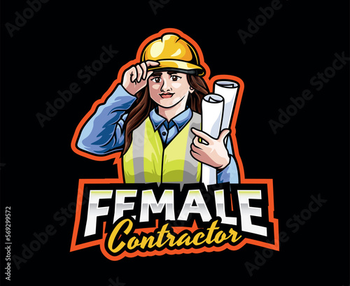Female Contractor Mascot Logo Design. Women in Construction, Female Contractor with Hardhat, Building with Confidence