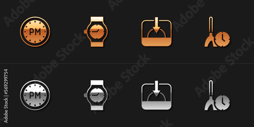 Set Day time, Wrist watch, Sunset and Cleaning icon. Vector