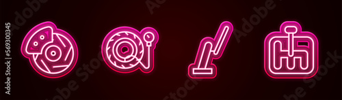 Set line Car brake disk with caliper, Tire pressure gauge, Windscreen wiper and Gear shifter. Glowing neon icon. Vector
