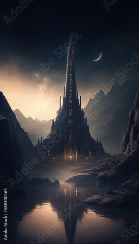 a mysterious tower in the center of an elven city on a plain in Waterfalls. Fantasy © Jacques Evangelista