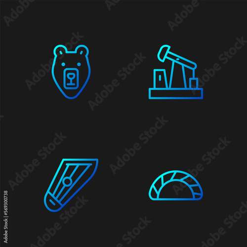 Set line Dumpling, Kankles, Bear head and Oil pump or pump jack. Gradient color icons. Vector