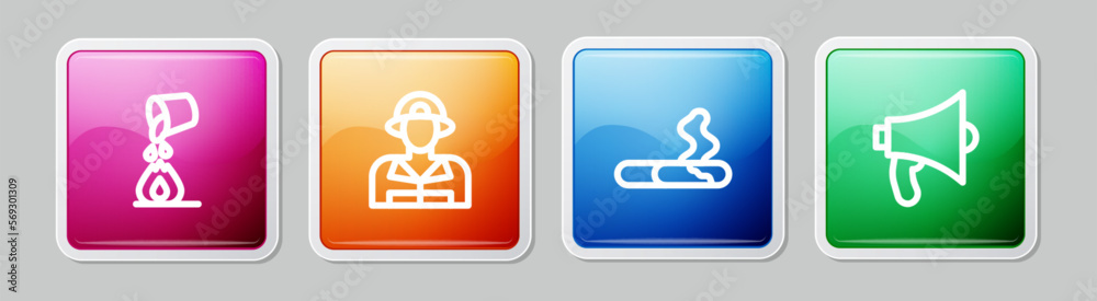 Set line Bucket extinguishing fire, Firefighter, Cigarette and Megaphone. Colorful square button. Vector Set line Bucket extinguishing fire, Firefighter, Cigarette and Megaphone. Colorful square button. Vector
