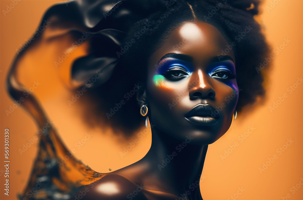 Generative AI abstract multicoloured painting of gorgeous African woman with bright creative make up, abstract hairstyle. Beauty and fashion concept Generative AI abstract multicoloured painting of gorgeous African woman with bright creative make up, abstract hairstyle. Beauty and fashion concept