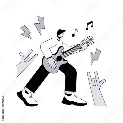 Rock music abstract concept vector illustration. Rock-and-roll concert, rock music festival culture, record store, live performance, garage recording studio, band rehearsal abstract metaphor.