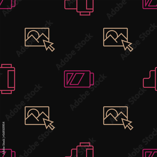 Set line Camera roll cartridge, Photo retouching and Battery for camera on seamless pattern. Vector