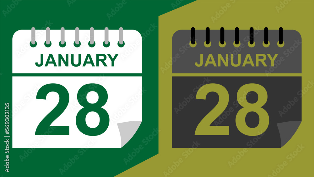 January 28 calendar date on green background or isolated icons with hollow background.
