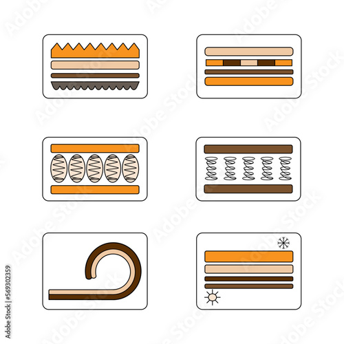 Mattress related icons: vector icon set, color kit. Isolated image.