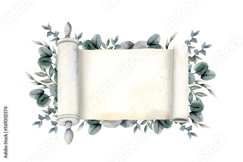 Fotografía Watercolor Torah scroll with eucalyptus branches and leaves with copyspace for text
