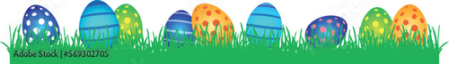 Viele bunte Ostereier auf einer Wiese, transparent ohne Hintergrund, Banner im Querformat