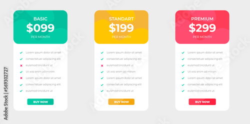 pricing table and pricing chart Price list vector template for web or app. Ui UX design tables with tariffs, subscription and business plans. Comparison business web plans, 3 column grid design.