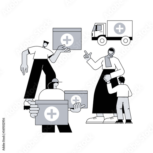 Aid to disadvantaged groups abstract concept vector illustration. Humanitarian aid, material assistance, government volunteer help, vulnerable people, basic necessities, shelter abstract metaphor.