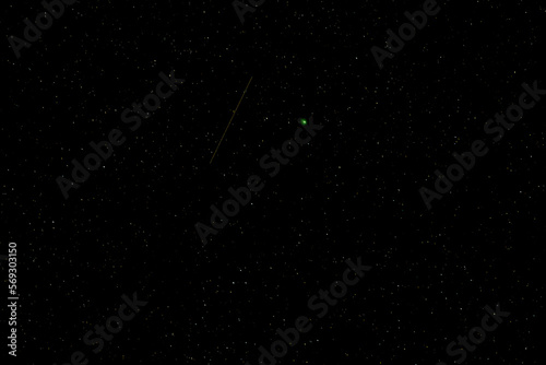 On February 1-2  2023  the rare green comet C 2022 E3  ZTF  made its closest approach to earth. This comet with fireball meteors was taken 2 1 at 06 00 19 AM PST  UTC-8  near Ashland Oregon.