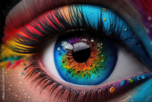 Human eye close up with colorful paint, ink splashes and drips. Generative Ai