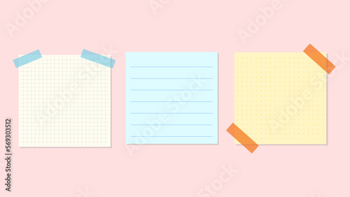 Set of different sticky notes with colored masking tape isolated on pink  background , illustration Vector EPS 10