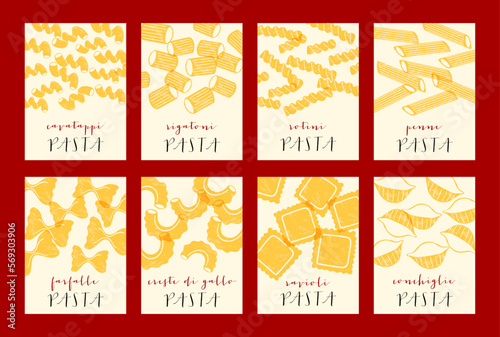 Italian pasta types set. Posters illustration. Modern prints for menu design, cookbooks, invitations, greeting cards.