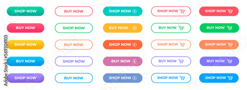 buy now or shop now button template set with multi color.