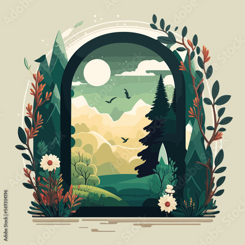 A Doorway into Nature. Editable Artsy Wallpaper Vector Illustration