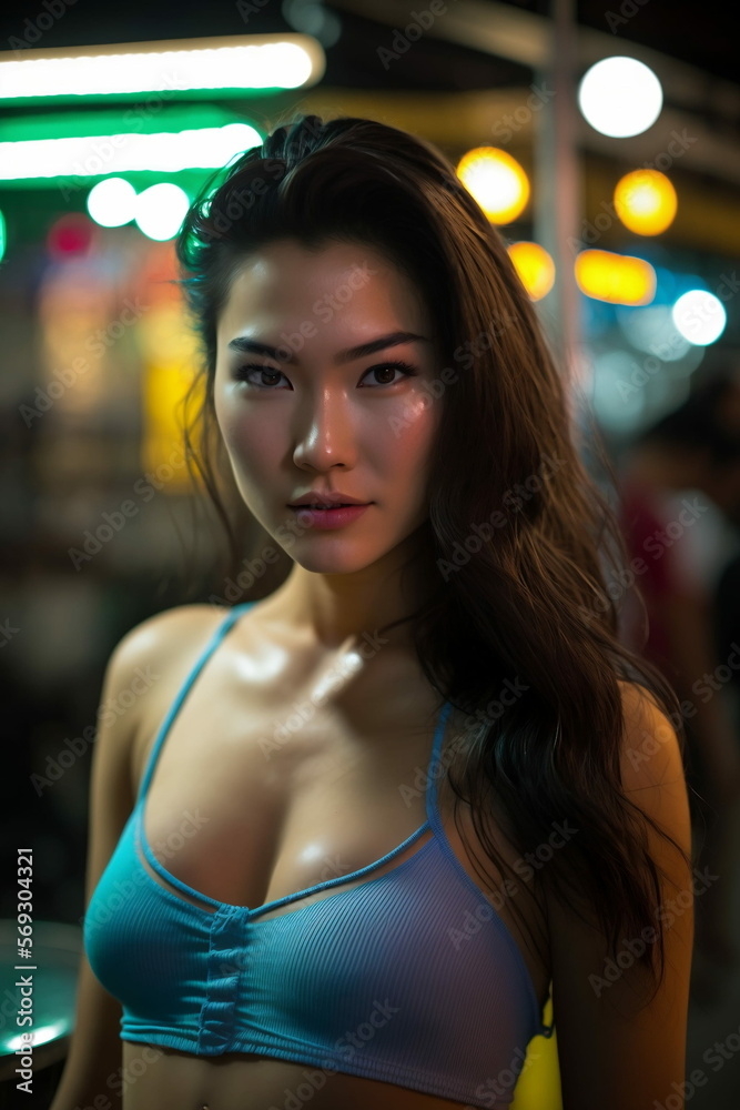 Beautiful Asian woman with long hair - street photography aesthetic - downtown - blurred background - realistic illustration - Generative AI