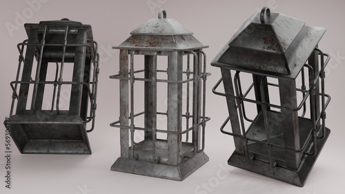 3d render illustration different views lantern with hanging hook, isolated on a white background. An antique vintage lamp.Interior decoration. Rusty, covered with patina. Metal case.