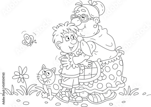 Funny granny hugging her happy little grandson, black and white outline vector cartoon illustration for a coloring book