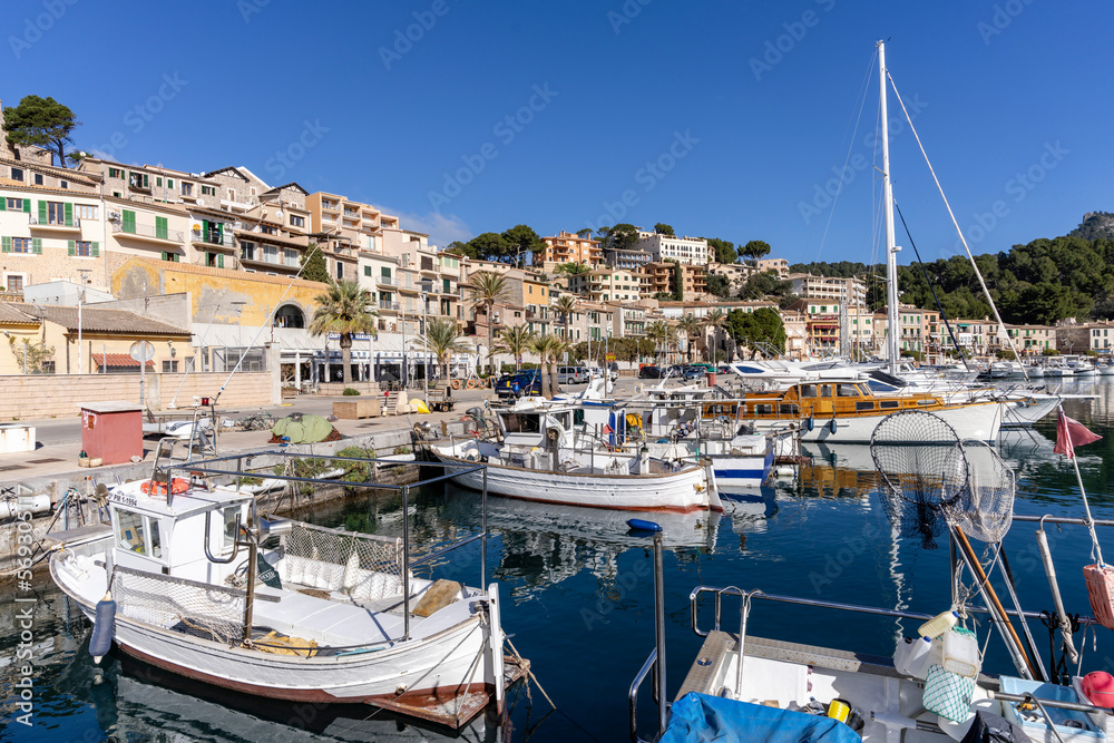 traditional boats in front of the Santa Catalina neighborhood, Port of Soller, Majorca, Balearic Islands, Spain
