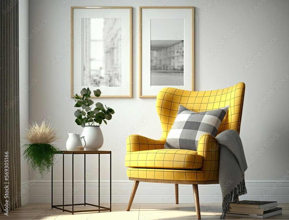 Interior design of living room with yellow armchair. Coffee table in room with white wall. Painting frame. Home interior Interior design of living room with yellow armchair. Coffee table in room with white wall. Painting frame. Home interior