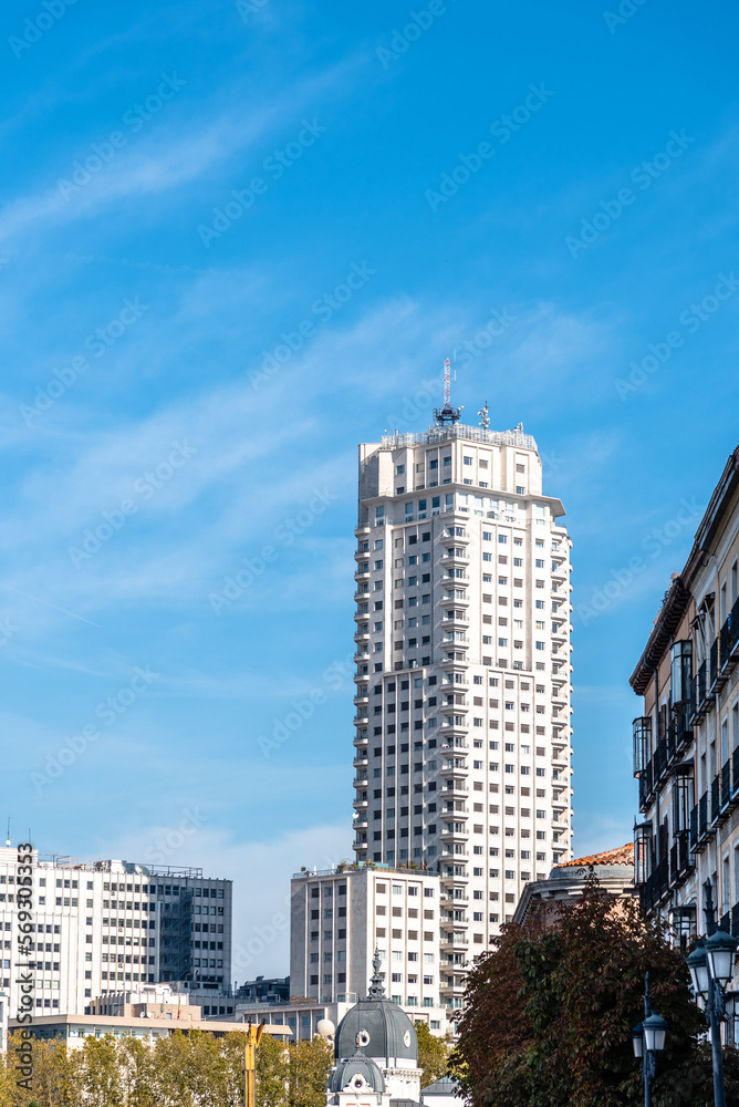Vertical view of the skyline of Madrid. With old residential skyscraper. Vertical view of the skyline of Madrid. With old residential skyscraper.