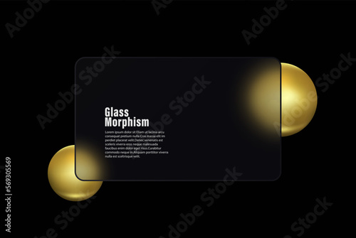 Glass morphism style. Credit card icon. Cashless payment concept. Realistic glass morph effect with golden spheres.