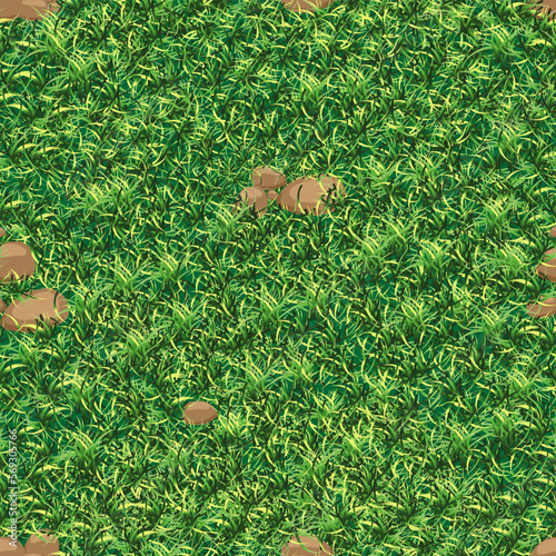 Grass Texture with Rock Stones Seamless Pattern,Vector cartoon nature green lawn field surface,Repeat meadow pattern in spring,Summer grass on ground,Endless Natural backdrop background orWallpaper