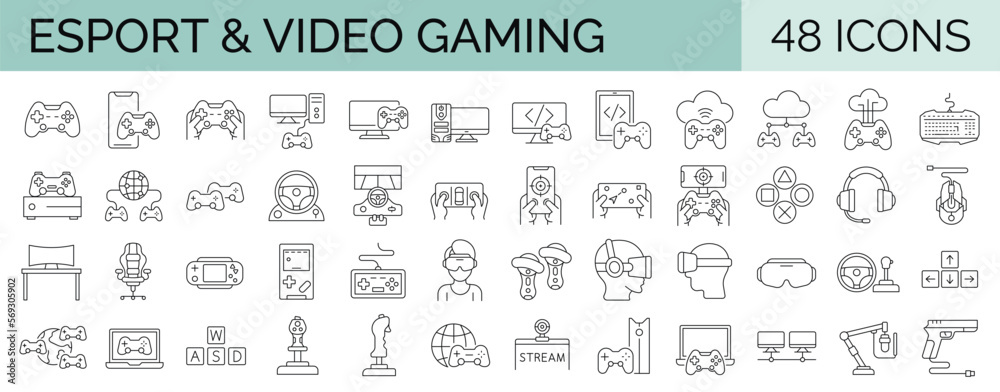 Set of 48 editable stroke line icons related to video games, gaming, technology, gadget, esport. Vector illustration.