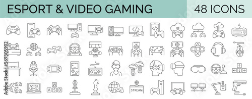 Set of 48 editable stroke line icons related to video games, gaming, technology, gadget, esport. Vector illustration.