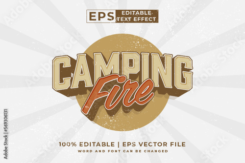 Editable text effect - Camping Fire 3d Vintage template style premium vector