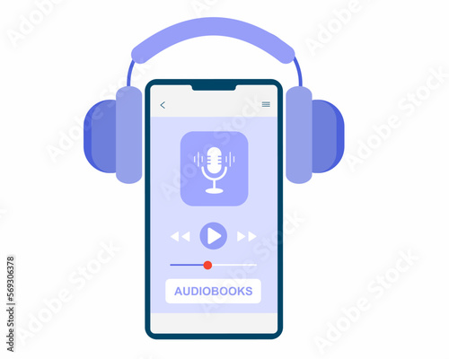 mobile phone and headphones, Digital library with audiobooks, e-learning concept