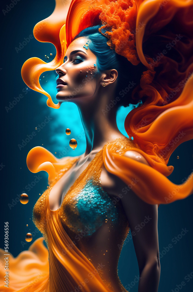 Generative AI multicolored painting of beautiful woman with abstract dress and long wavy hairs, underwater view