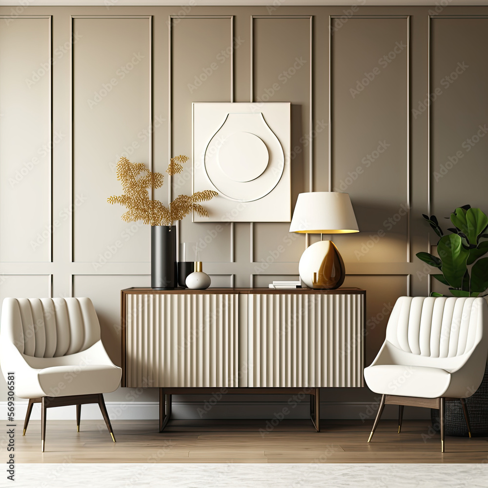 Interior of modern living room with beige sideboard over wooden ...