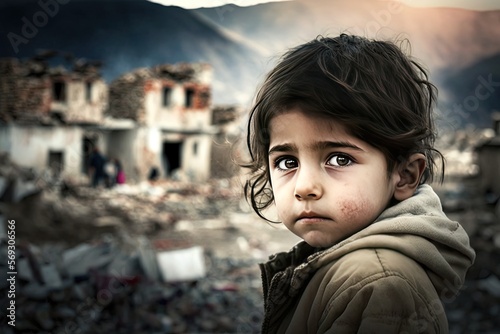 Fototapete a sad girl standing in front of collapse buildings area, natural disaster or war