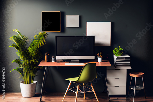 Stylish workspace with computer and posters on home or studio, AI Generated