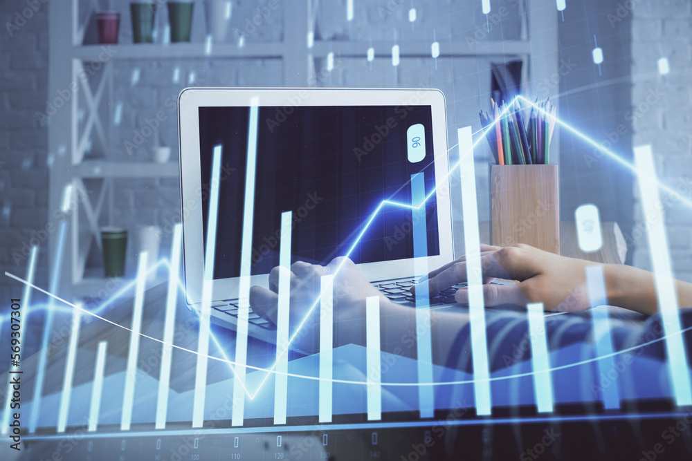 Double exposure of woman hands typing on computer and forex chart hologram drawing. Stock market invest concept. Double exposure of woman hands typing on computer and forex chart hologram drawing. Stock market invest concept.