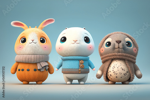 Fototapeta Naklejka Na Ścianę i Meble -  Fantastic animals 3D characters with clothes made with Generative AI.