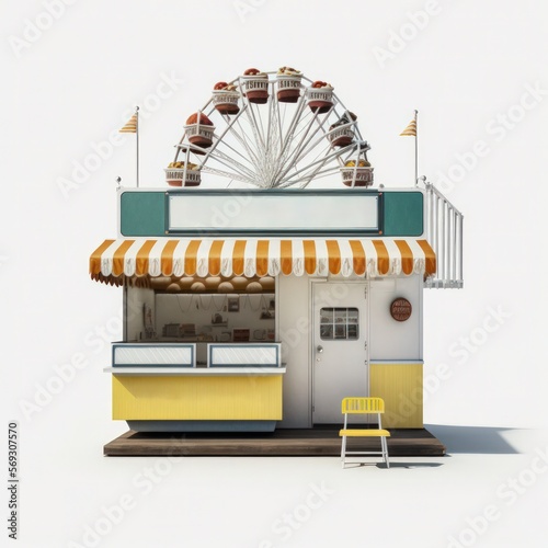 Detailed illustration of a vintage retro state fair carnival stall store food stand isolated on a white background, generative ai