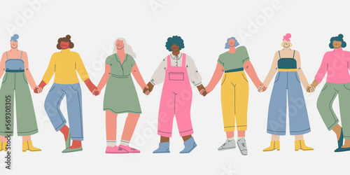 Group of women of different nationalities and skin colors are holding hands. Unification and women's solidarity, feminism around the world. Vector trendy illustration.