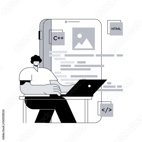 Mobile application development abstract concept vector illustration. Mobile device app building platform, frontend software development, UI and UX design, smartphone market abstract metaphor.